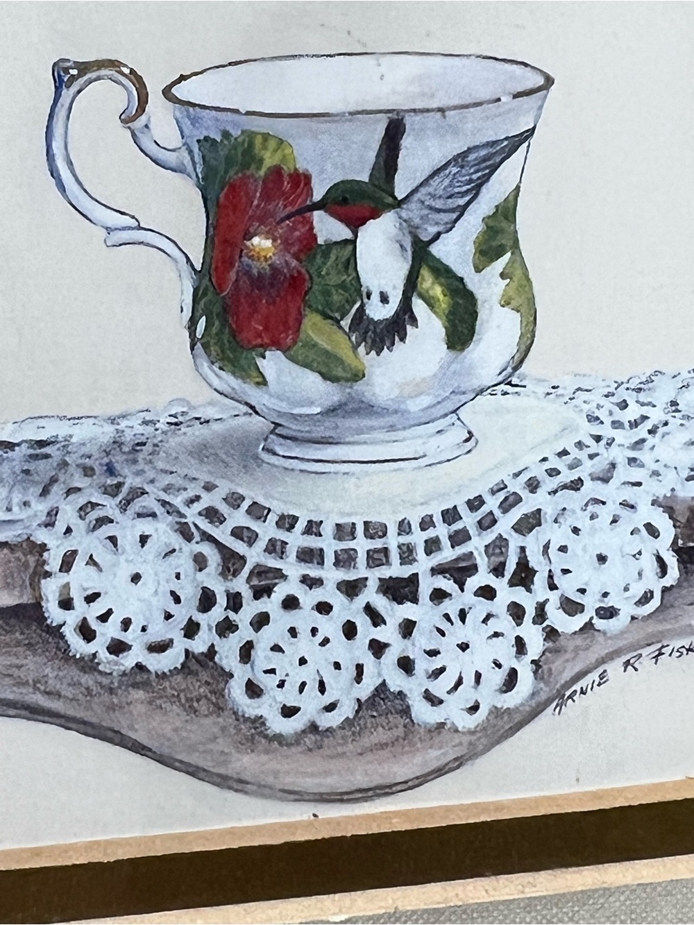 Arnie R Fisk Signed Framed Matted Print Hummingbird Teacup Still Life 9x9